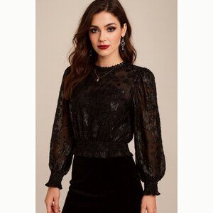Peach Women’s Black Metallic Sheer Top Size S Romantic Glam Holiday Whimsigoth